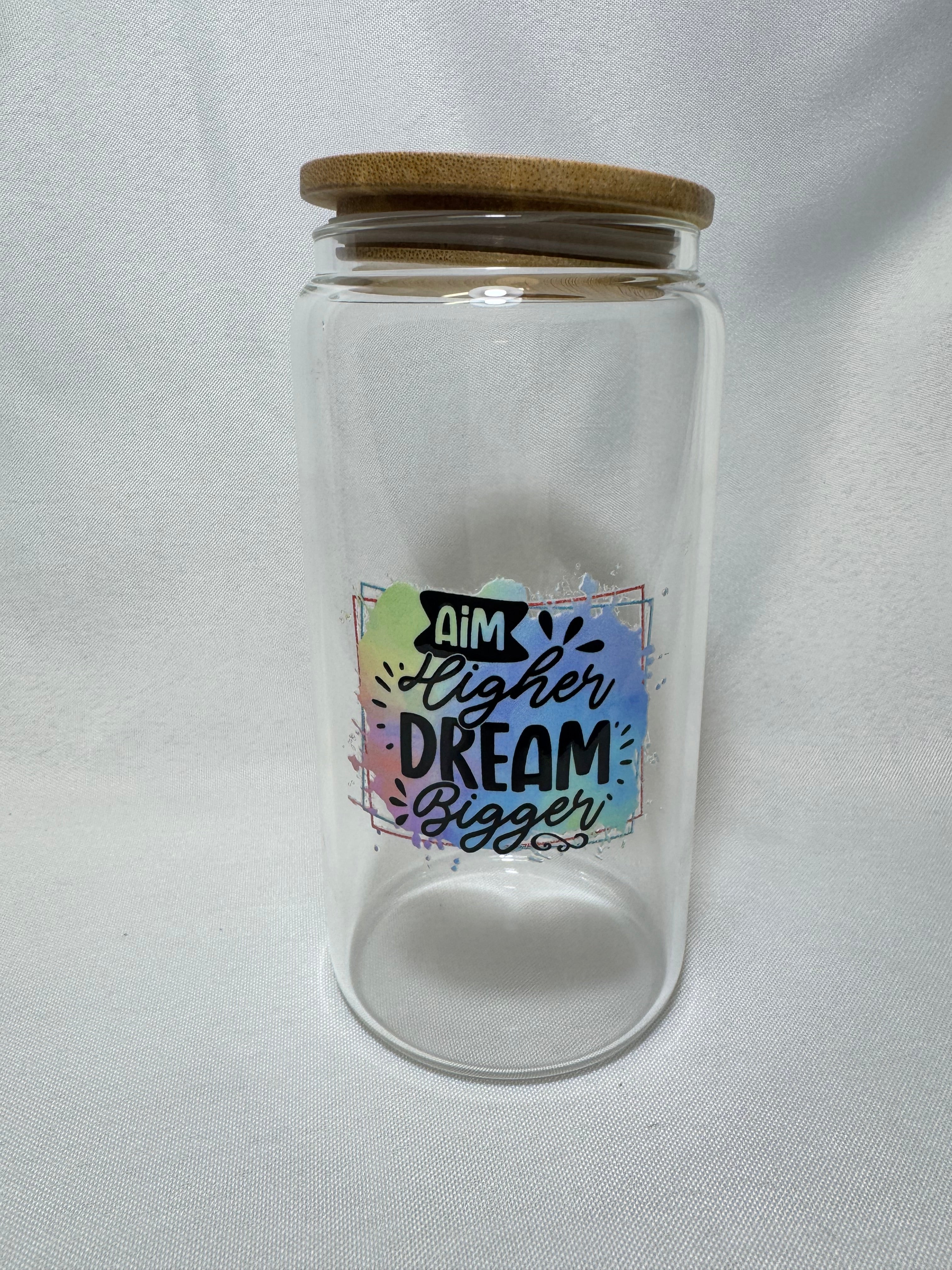 Aim Higher Dream Bigger Motivational Glass Cup w/Bamboo Lid